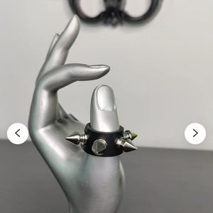 Black leather punk spiked ring